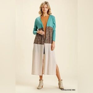 Umgee Turquoise Linen Blend Animal Print Colorblock Open Front Cardigan